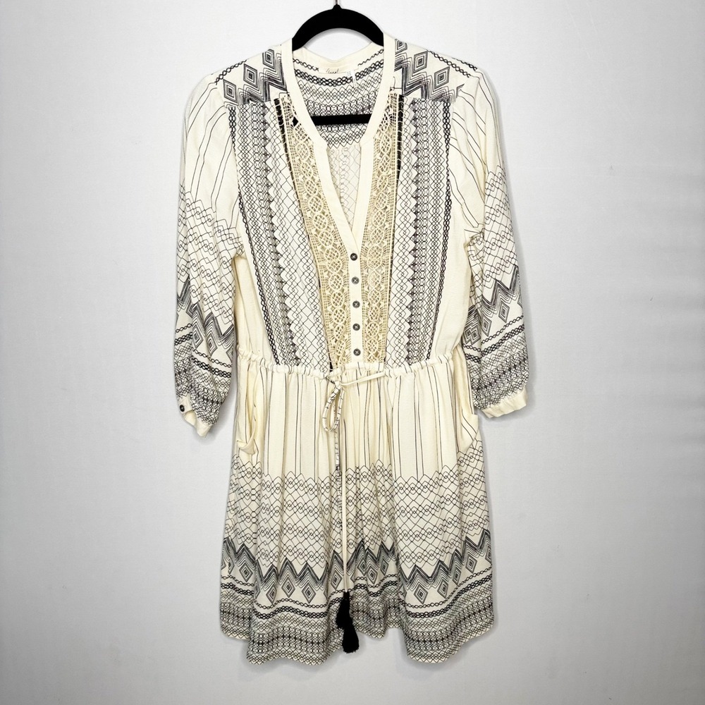Floreat‎ Boho Lace V-Neck Mini Dress Pockets Womens Size 12P Balloon Sleeve